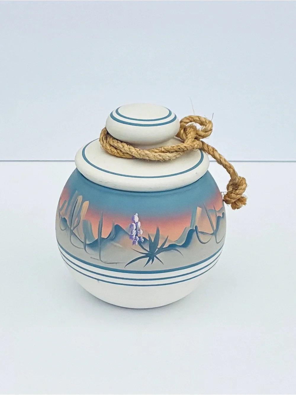 Vintage New West Pottery Hand-painted Lidded Jar Southwestern Desert Sunset 6”